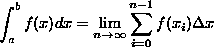 \begin{figure}{center}
{displaymath}
^{b}_{a} f(x) dx = _{n } ^{n-1}_{i=0} f(x_{i}) x{}\end{figure}